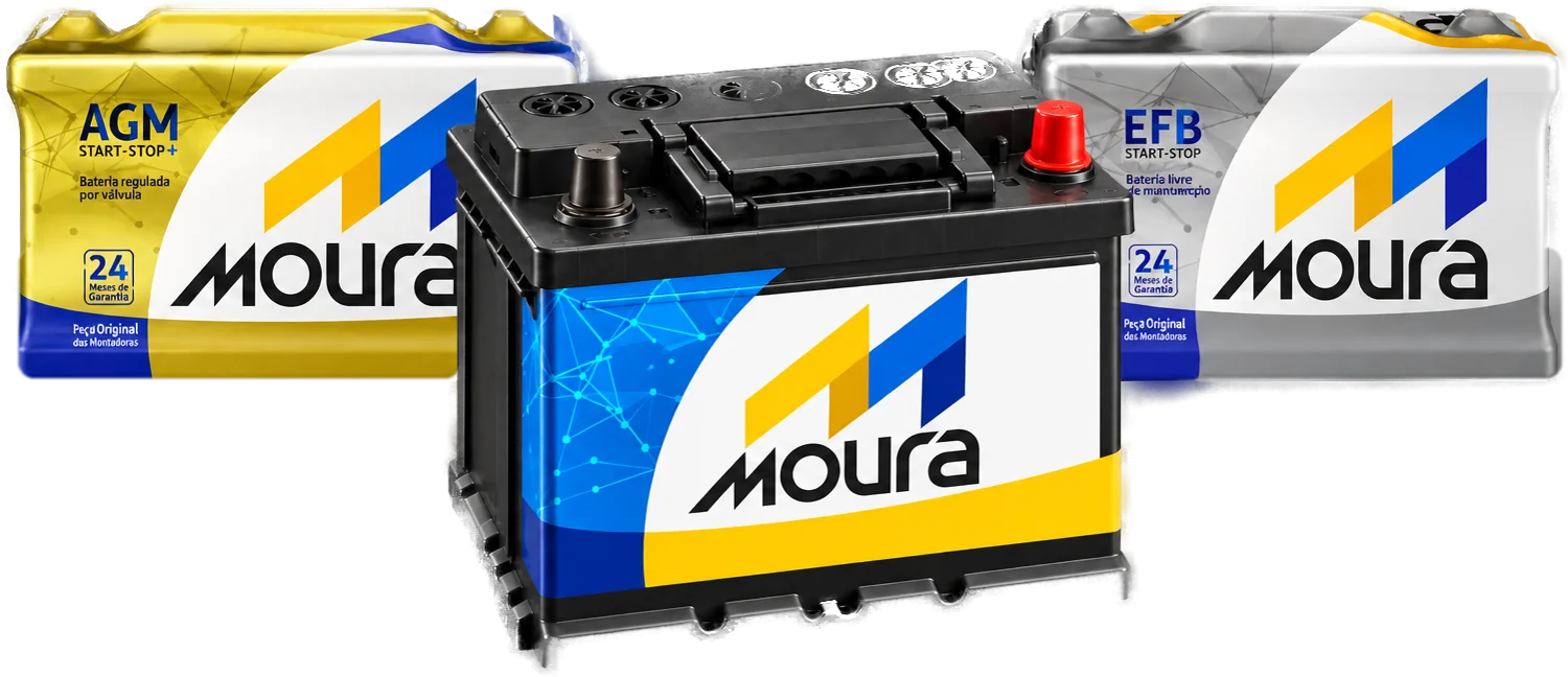 Baterias Moura novas para carro, incluindo AGM e EFB start-stop